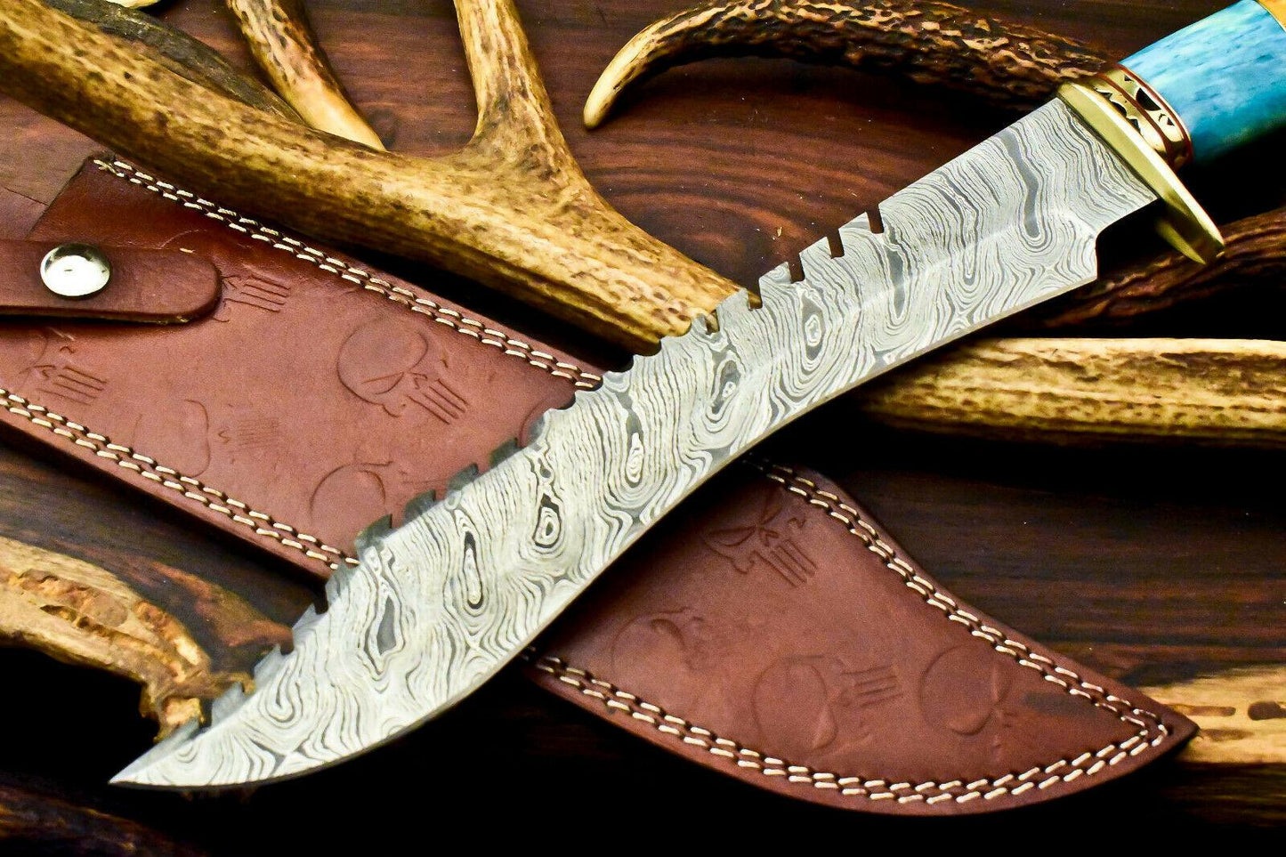 16" Damascus Steel Bowie Knife | Camel Bone Handle & Leather Sheath
