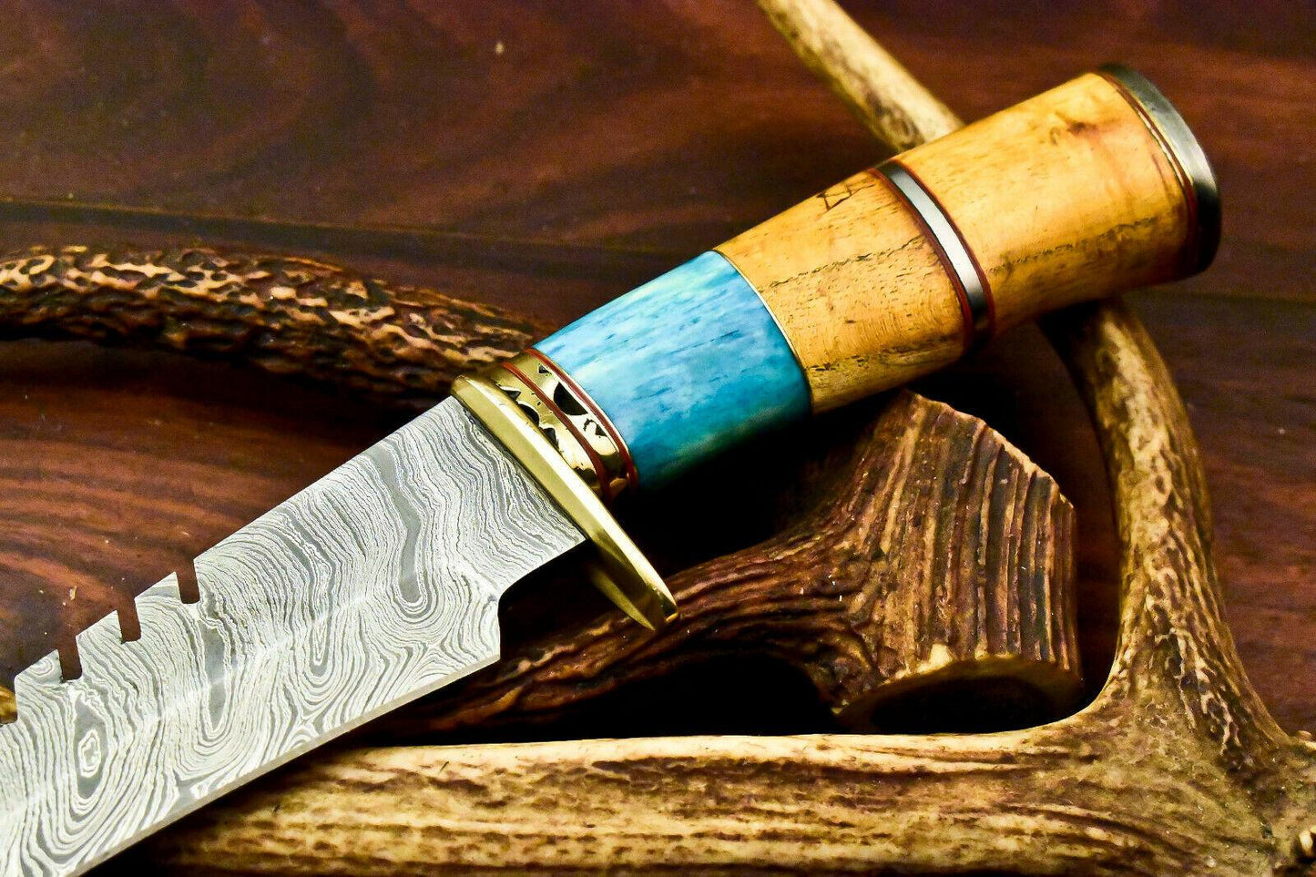 16" Damascus Steel Bowie Knife | Camel Bone Handle & Leather Sheath