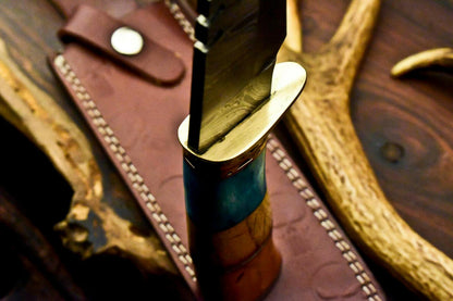 16" Damascus Steel Bowie Knife | Camel Bone Handle & Leather Sheath