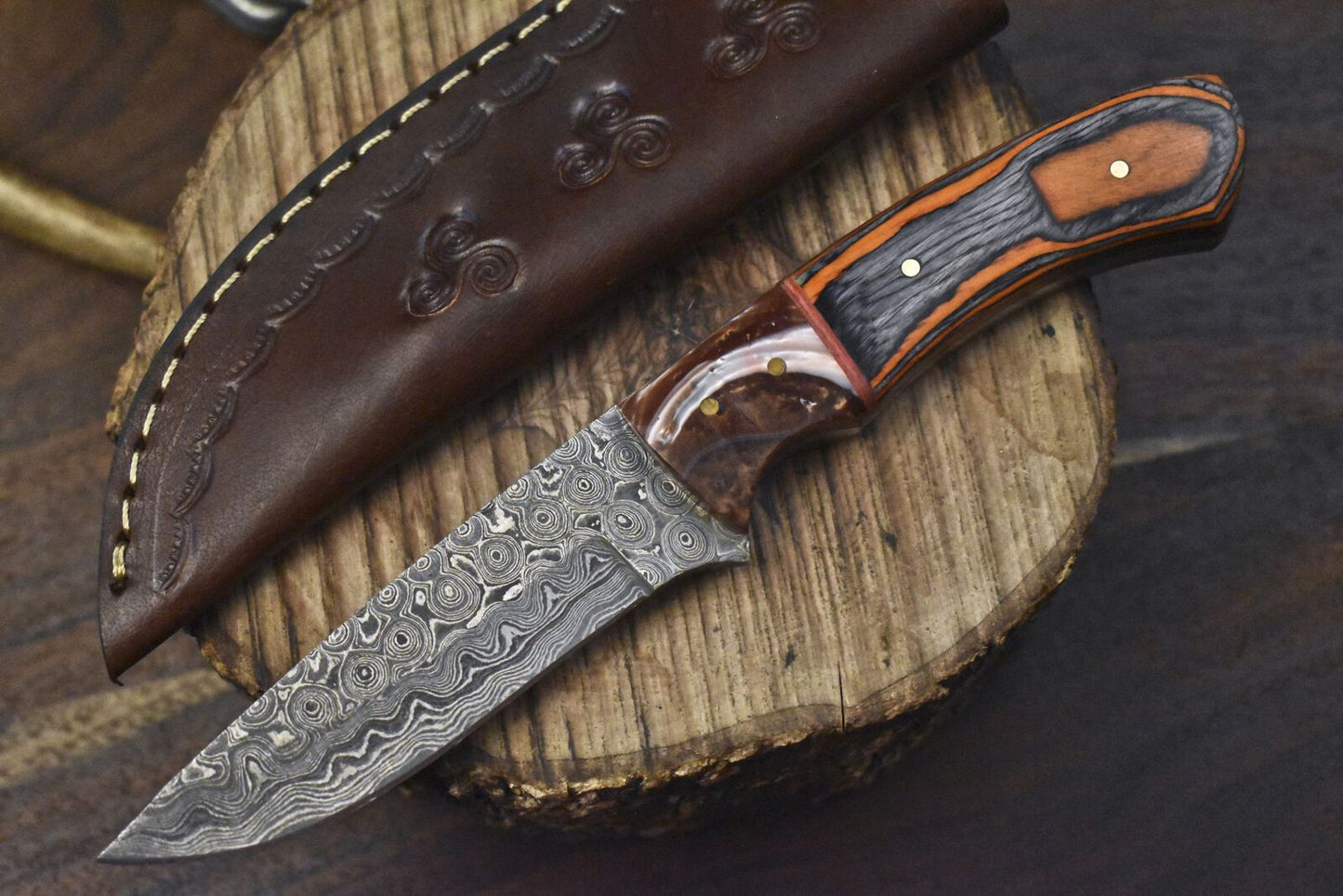Custom Damascus Skinner Knife Raindrop Pattern Hardwood Handle Hunting Tool