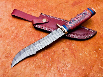 14" Handmade Damascus Steel Bowie Knife – Hardwood Handle