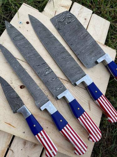 Handmade Damascus Steel Chef Knife Kitchen Set – American Flag, 5-Piece Set