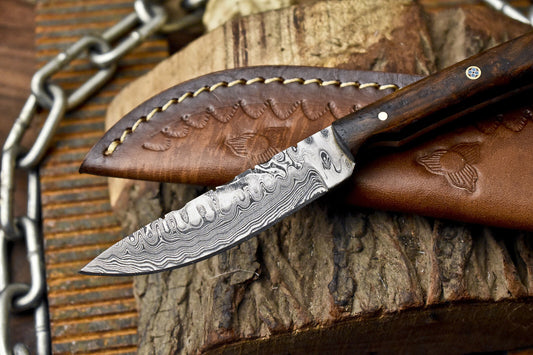 Handmade Skinner Knife Rain Drop Damascus Walnut Wood Tactical Bushcraft w/ Leather Sheath
