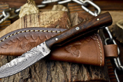 Handmade Skinner Knife Rain Drop Damascus Walnut Wood Tactical Bushcraft w/ Leather Sheath