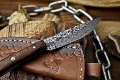 Handmade Skinner Knife Rain Drop Damascus Walnut Wood Tactical Bushcraft w/ Leather Sheath