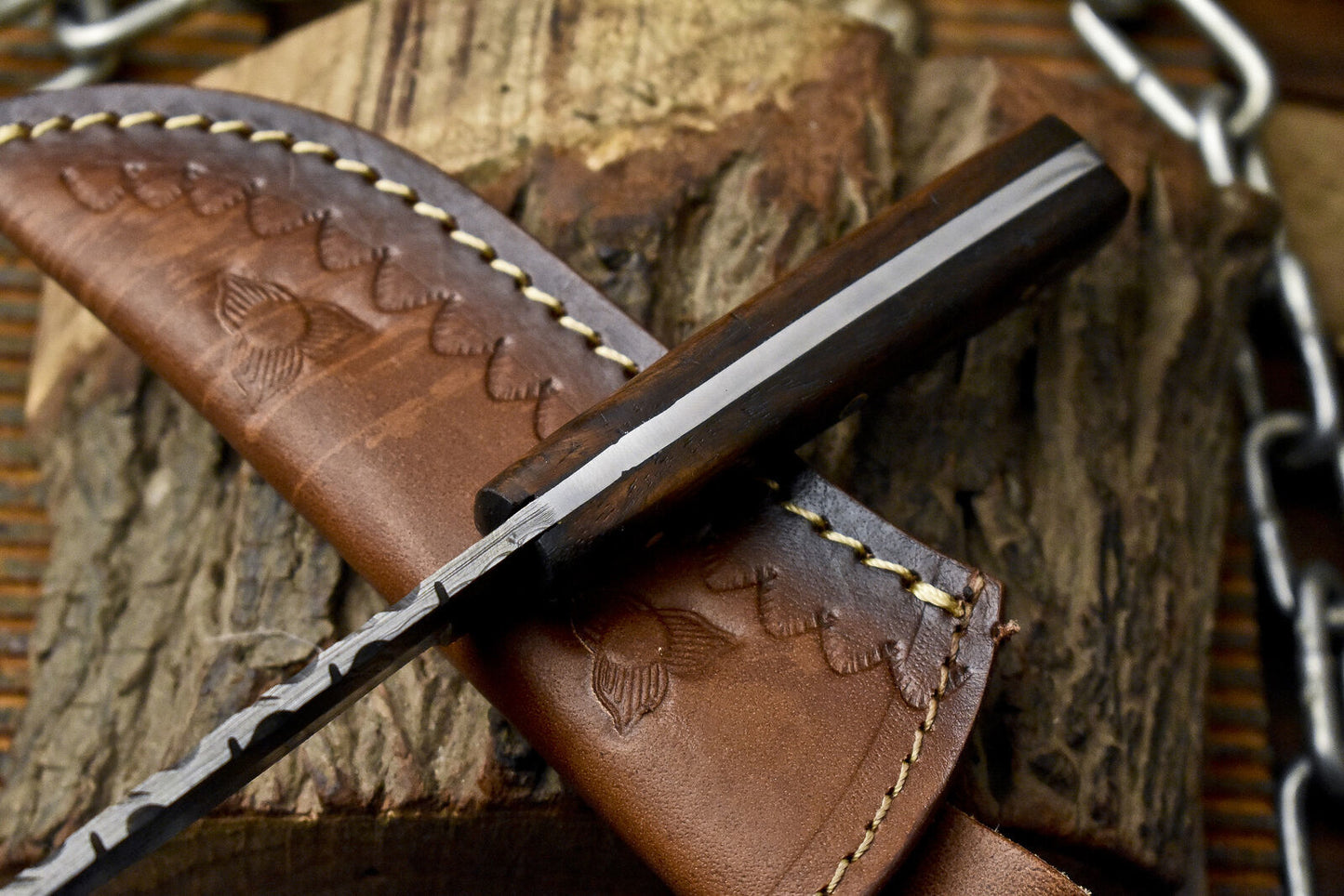 Handmade Skinner Knife Rain Drop Damascus Walnut Wood Tactical Bushcraft w/ Leather Sheath