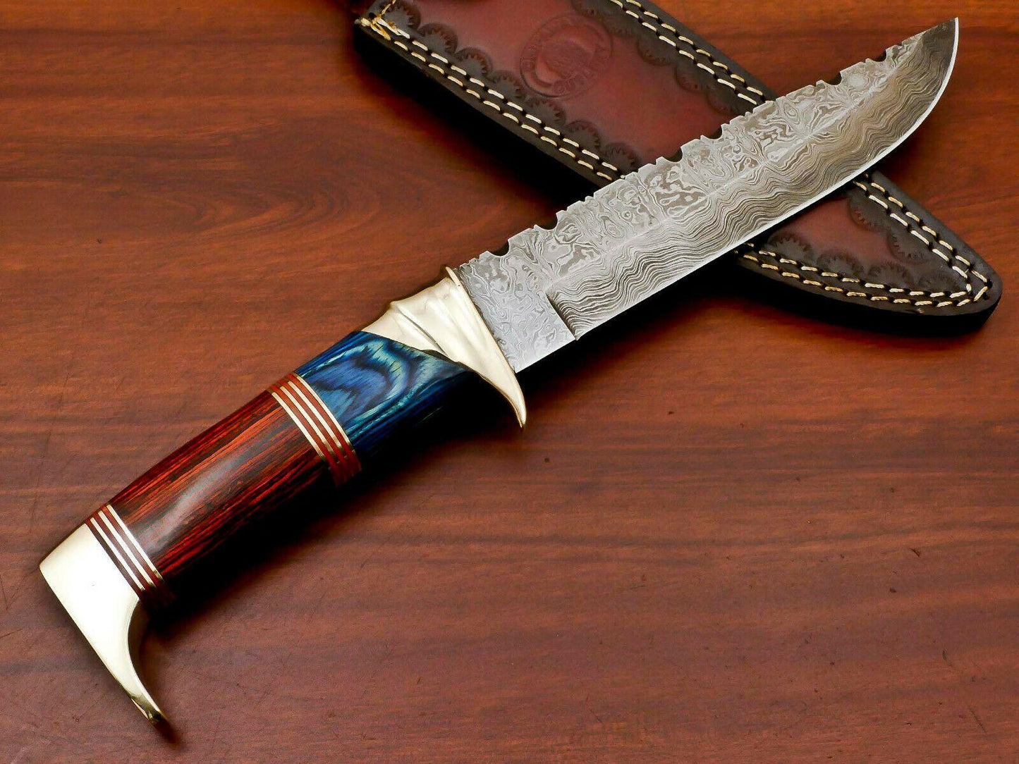 12” Handmade Damascus Bowie Knife with Pakka Wood Handle & Brass Guard