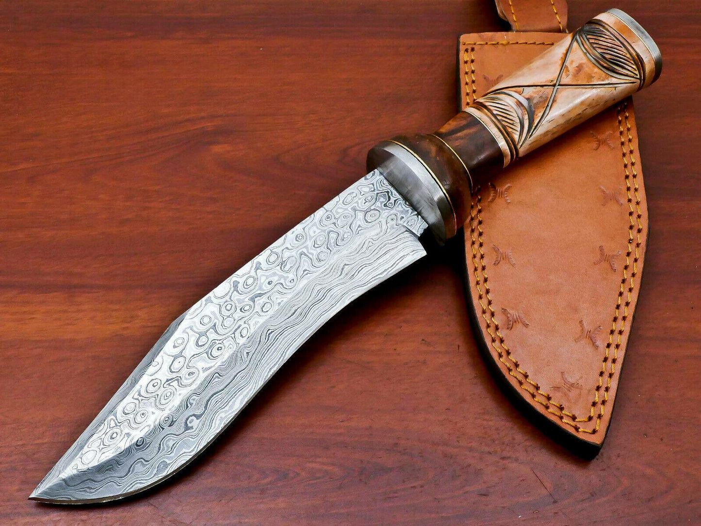 12" Handmade Damascus Bowie Hunting Knife with Engraved Bone & Wood Handle