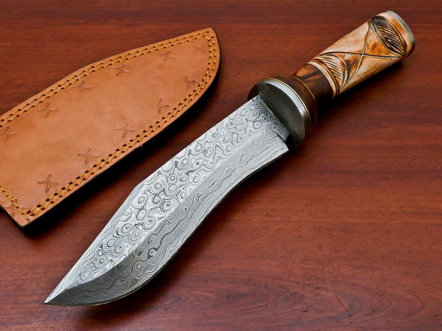 12" Handmade Damascus Bowie Hunting Knife with Engraved Bone & Wood Handle