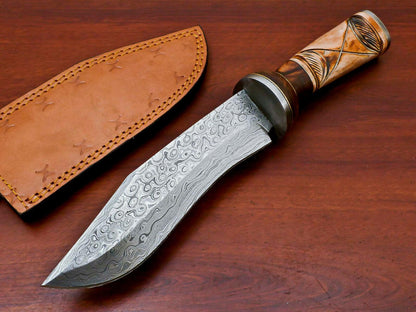 12" Handmade Damascus Bowie Hunting Knife with Engraved Bone & Wood Handle
