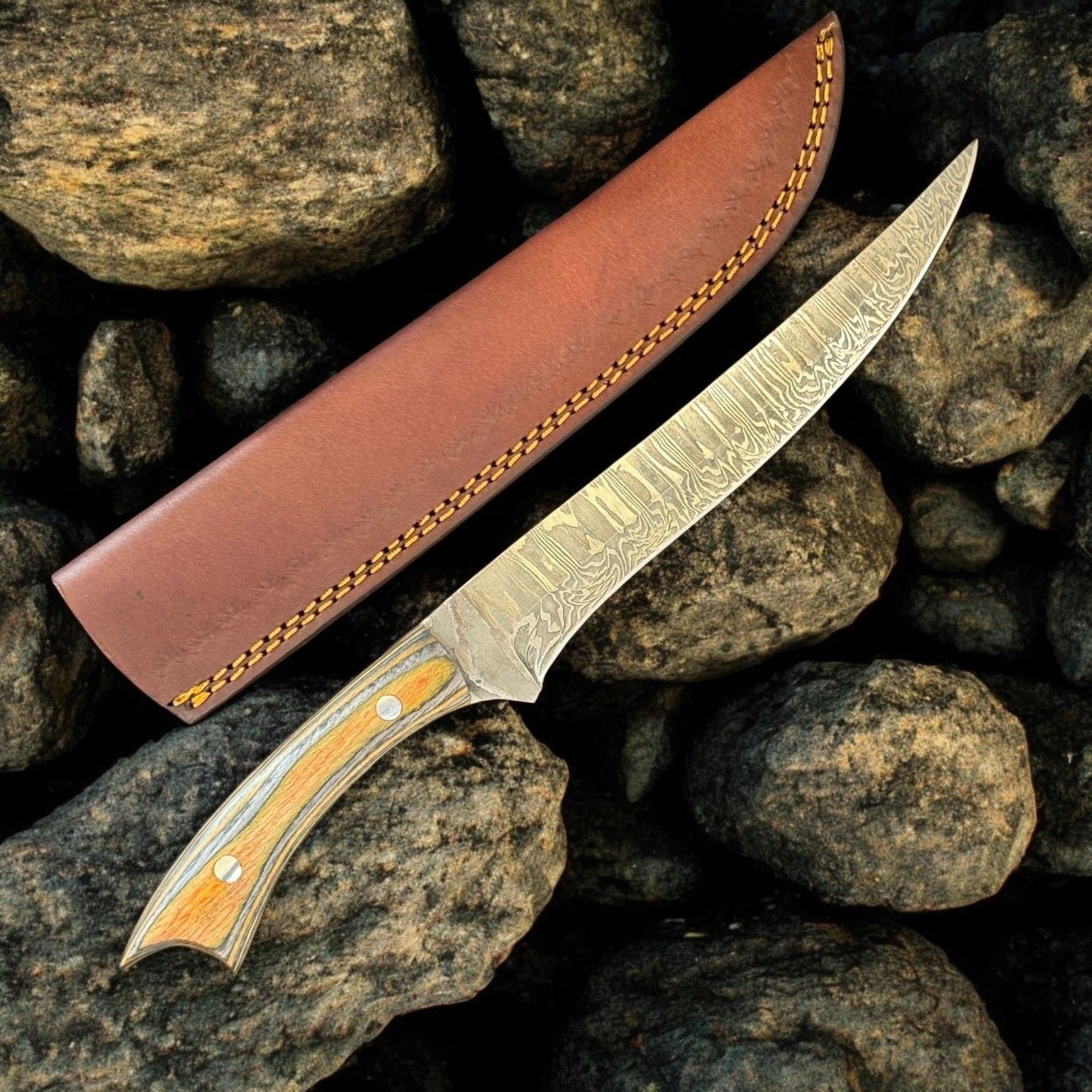 12" Custom Fillet Knife Fire Storm Damascus Fillet Knife Kitchen Blade with Wood Handle