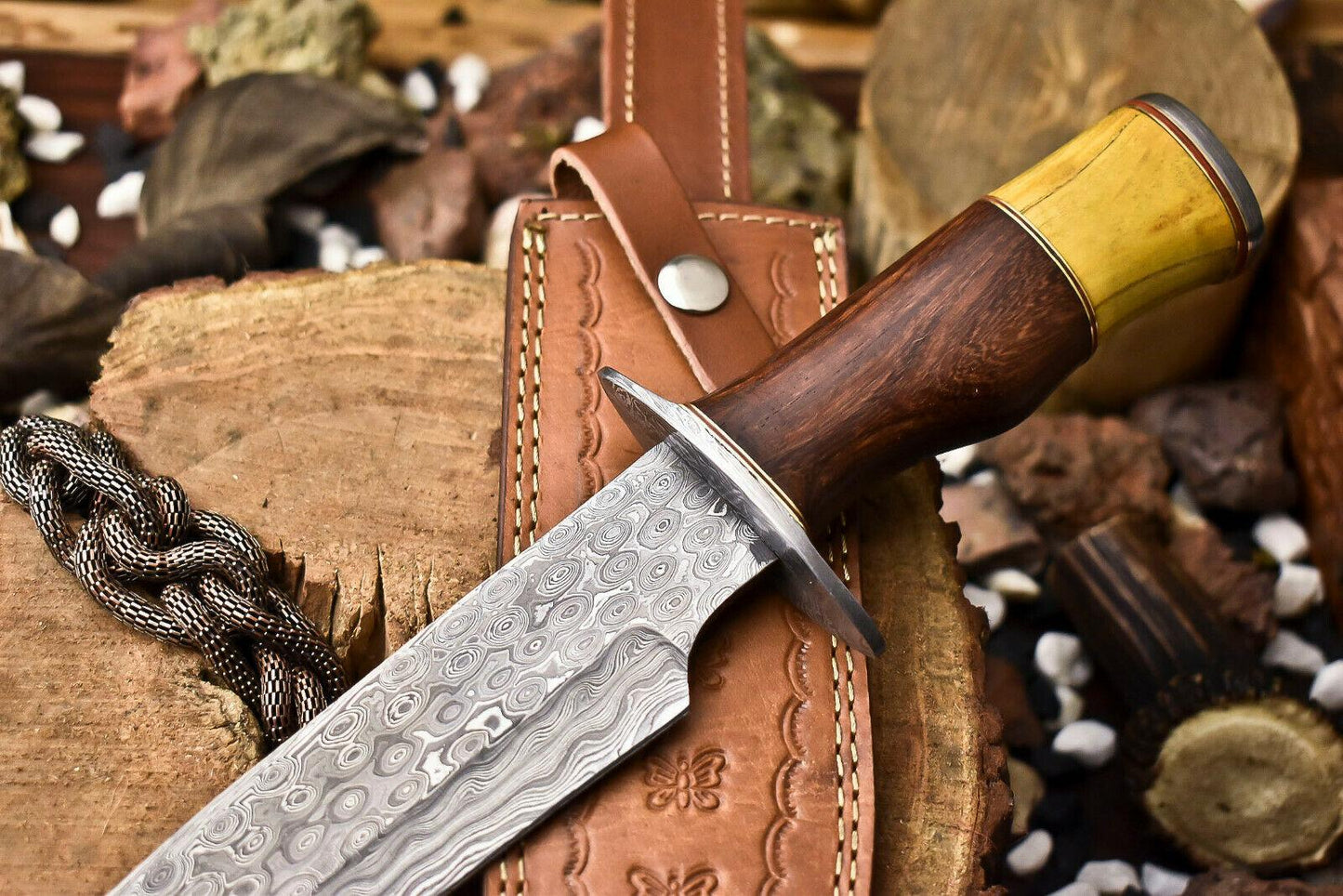 15" Handmade Damascus Steel Bowie Knife with Walnut Wood Handle