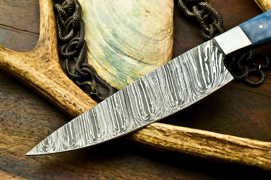 Custom HandMade Damascus Steel Chef Knife, Full Tang, 7.5-Inch Blade, 12.5-Inch Overall, Stained Camel Bone Handle, Oil-Tempered 58-60 HRC, Handcrafted