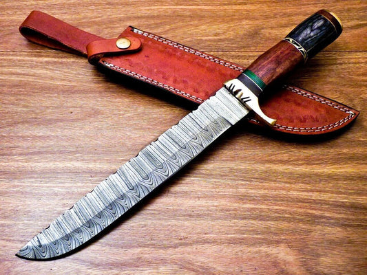 Heritage Forge 14" Handmade Damascus Steel Bowie Hunting Knife with Natural and Hardwood Handle
