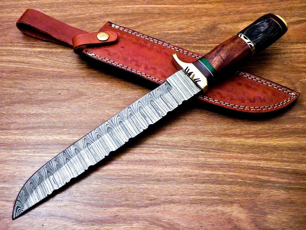 Heritage Forge 14" Handmade Damascus Steel Bowie Hunting Knife with Natural and Hardwood Handle