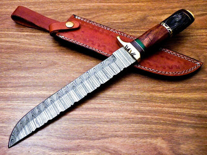 Heritage Forge 14" Handmade Damascus Steel Bowie Hunting Knife with Natural and Hardwood Handle