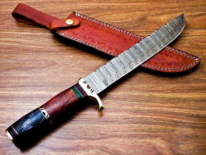 Heritage Forge 14" Handmade Damascus Steel Bowie Hunting Knife with Natural and Hardwood Handle