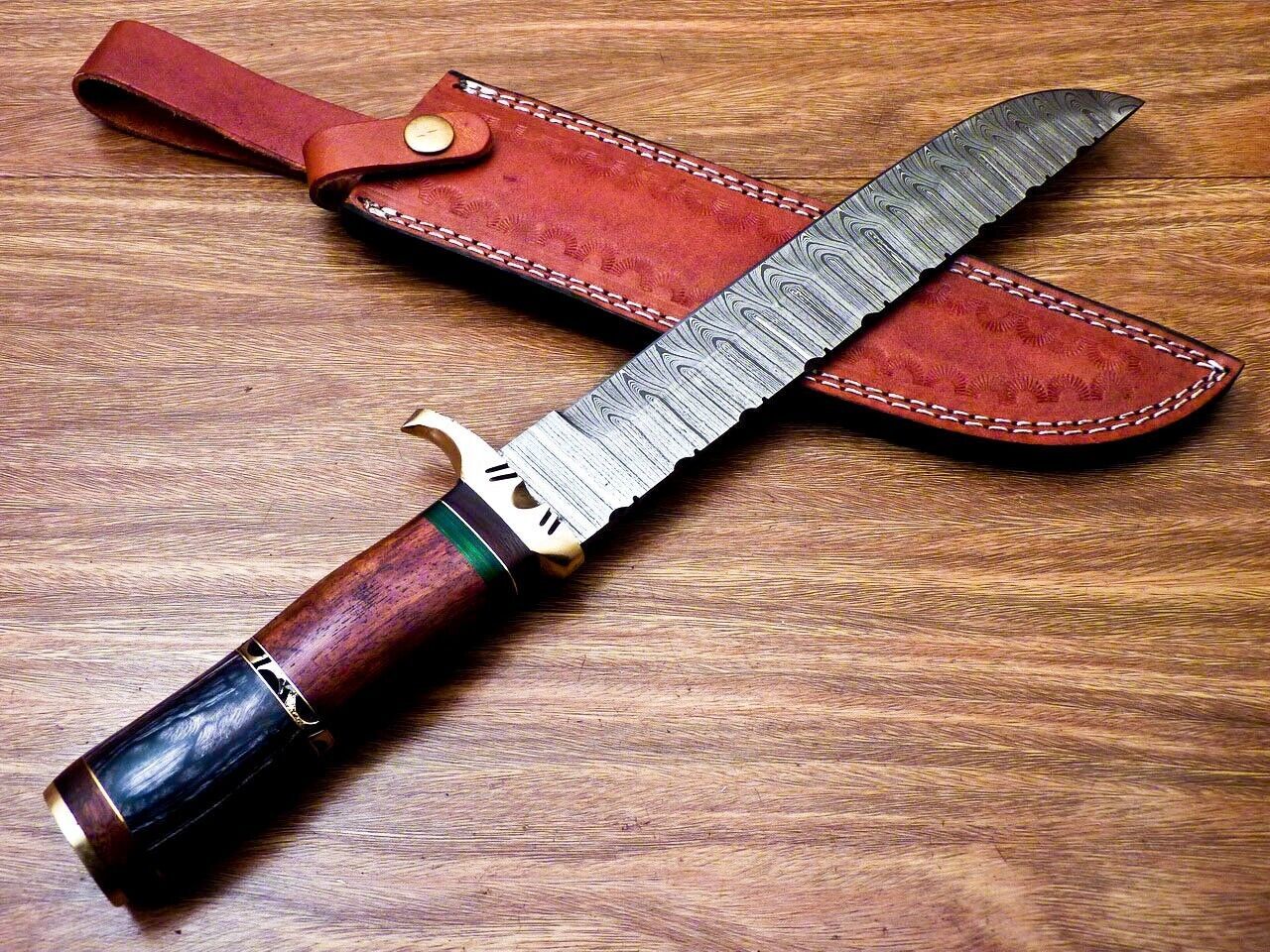 Heritage Forge 14" Handmade Damascus Steel Bowie Hunting Knife with Natural and Hardwood Handle