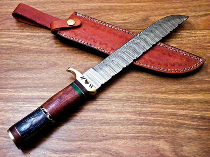 Heritage Forge 14" Handmade Damascus Steel Bowie Hunting Knife with Natural and Hardwood Handle