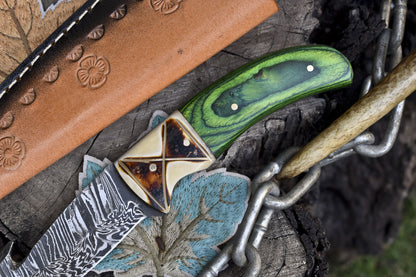 Twist Damascus Steel Skinner Knife with Gut Hook – Hand-Forged Hardwood Handle EDC Hunting Knife with Leather Sheath