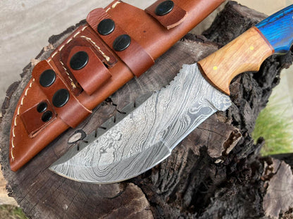 10" Custom Handmade Damascus Steel Tracker Knife | Full Tang with Hardwood Handle & Sheath