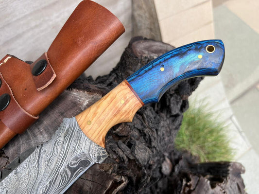 10" Custom Handmade Damascus Tracker Knife – Full Tang Blade with Hardwood Handle & Leather Sheath
