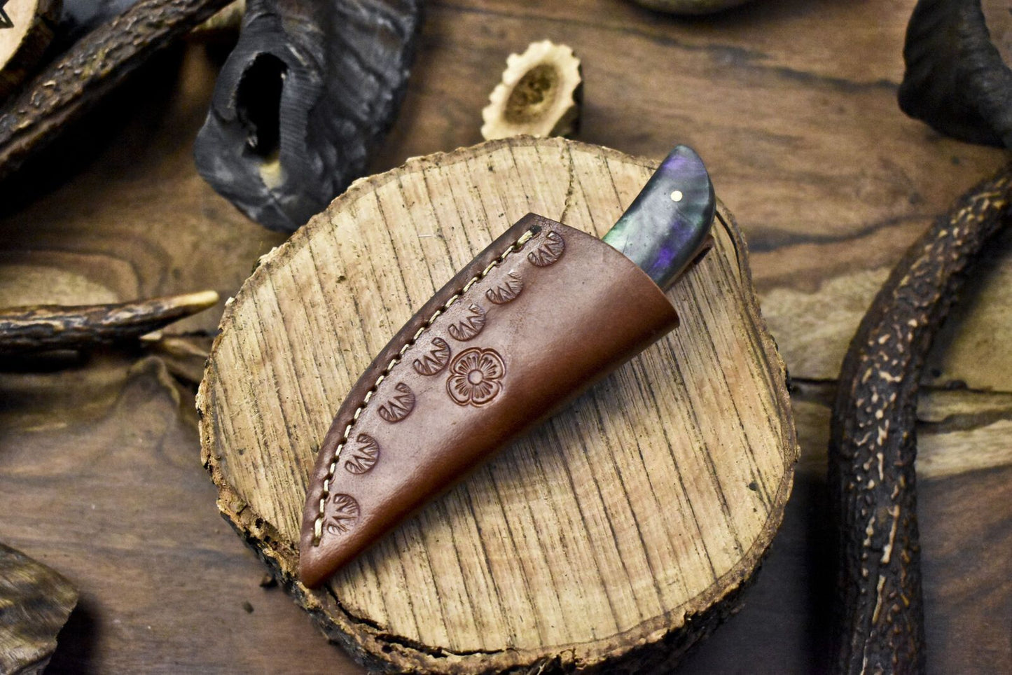 Miniature Twist Damascus Skinner Knife with Corain Handle for Outdoor Use