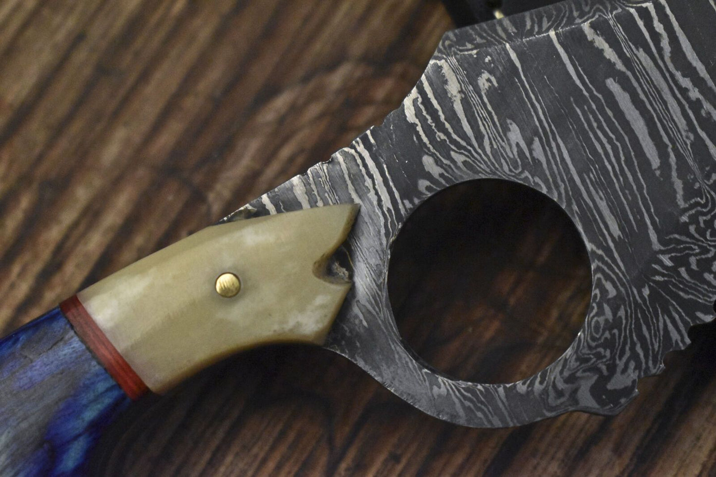 Twist Damascus Skinner Knife Hardwood Handle EDC Fixed Blade Veterans Gift