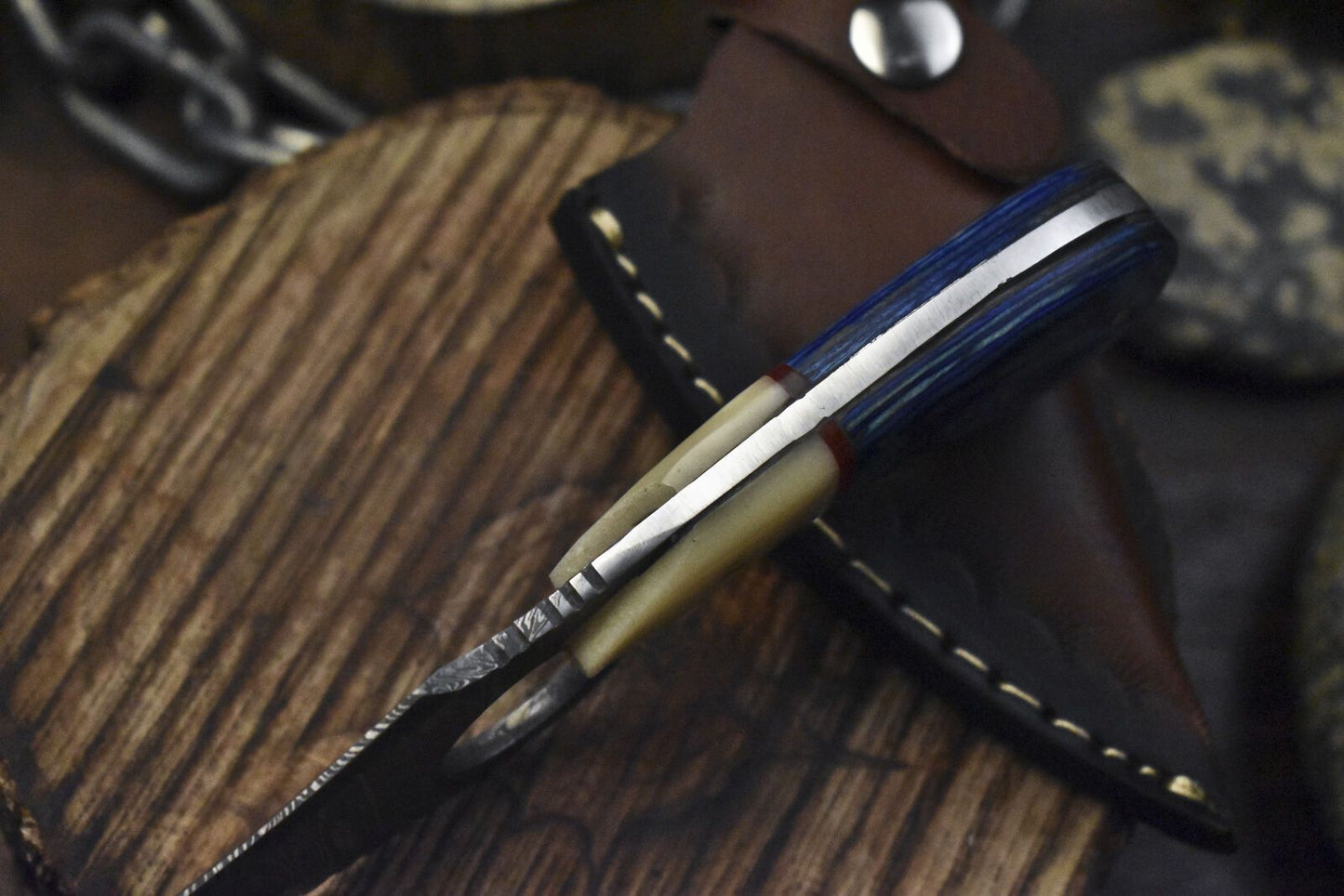 Twist Damascus Skinner Knife Hardwood Handle EDC Fixed Blade Veterans Gift