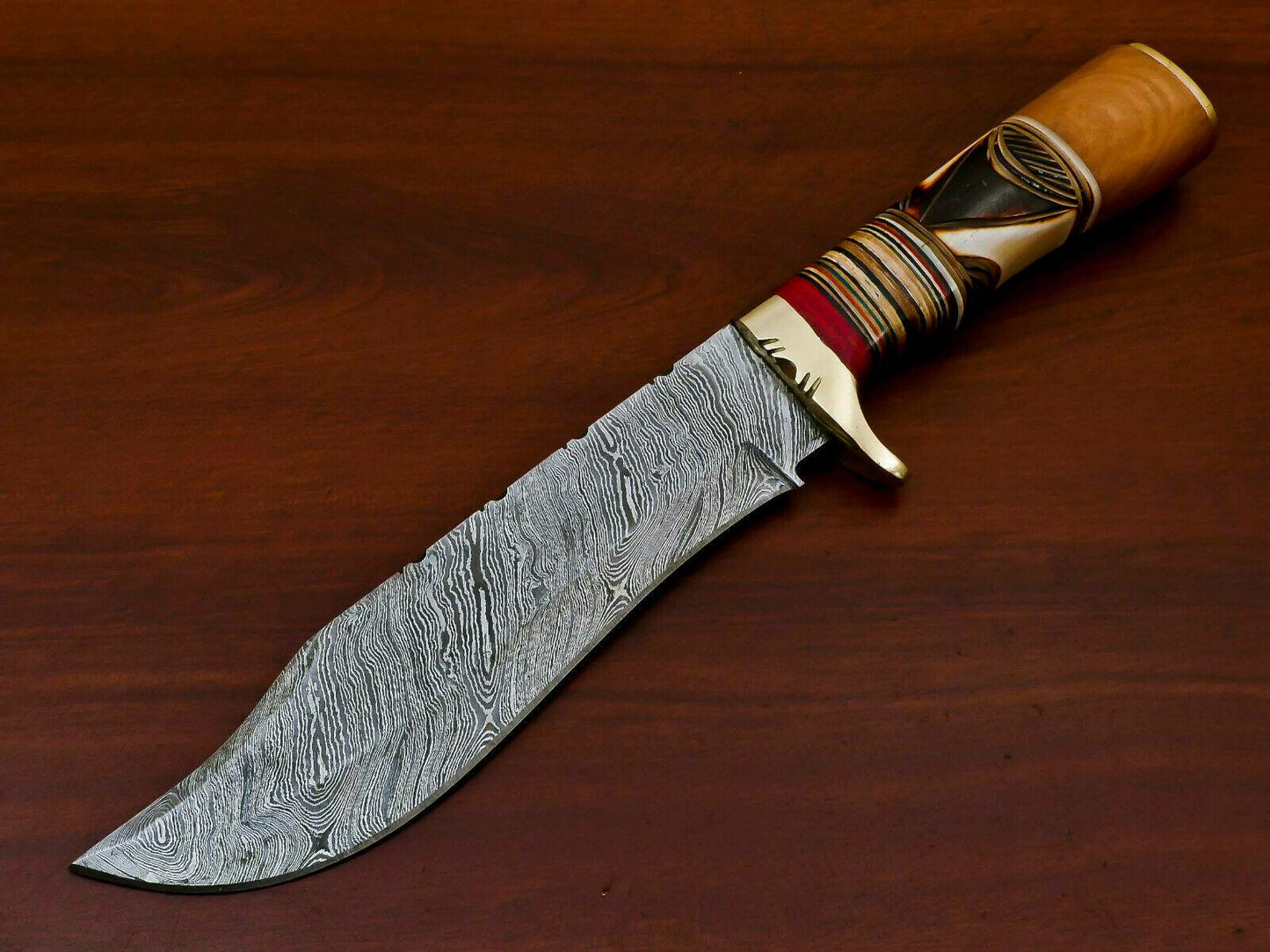 Handcrafted Damascus Bowie Knife – Engraved Camel Bone, Olive & Pakka Wood Handle, 12" with Leather Sheath