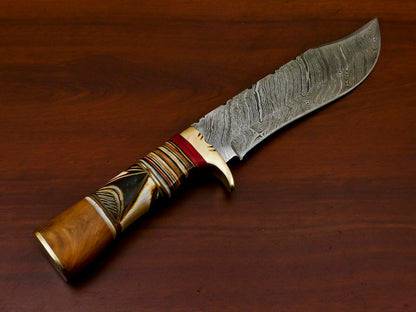 Handcrafted Damascus Bowie Knife – Engraved Camel Bone, Olive & Pakka Wood Handle, 12" with Leather Sheath