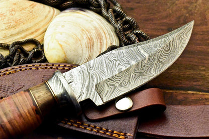 10" Damascus Bowie Knife – Stacked Leather Handle & Leather Sheath
