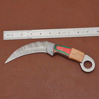 Handmade Damascus Steel  Karambit Knife with Wood Handle and Leather Sheath