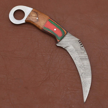Handmade Damascus Steel  Karambit Knife with Wood Handle and Leather Sheath