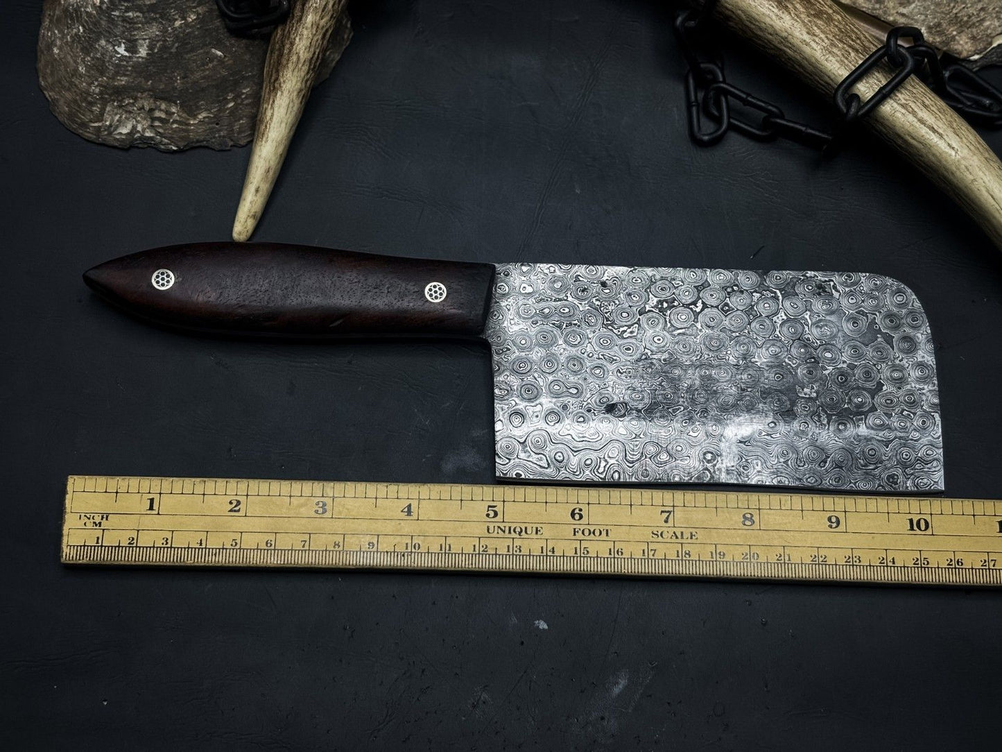 Handmade Damascus Chef Cleaver – Wood Handle & Leather Sheath