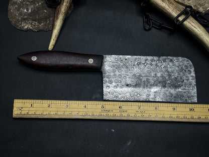 Handmade Damascus Chef Cleaver – Wood Handle & Leather Sheath