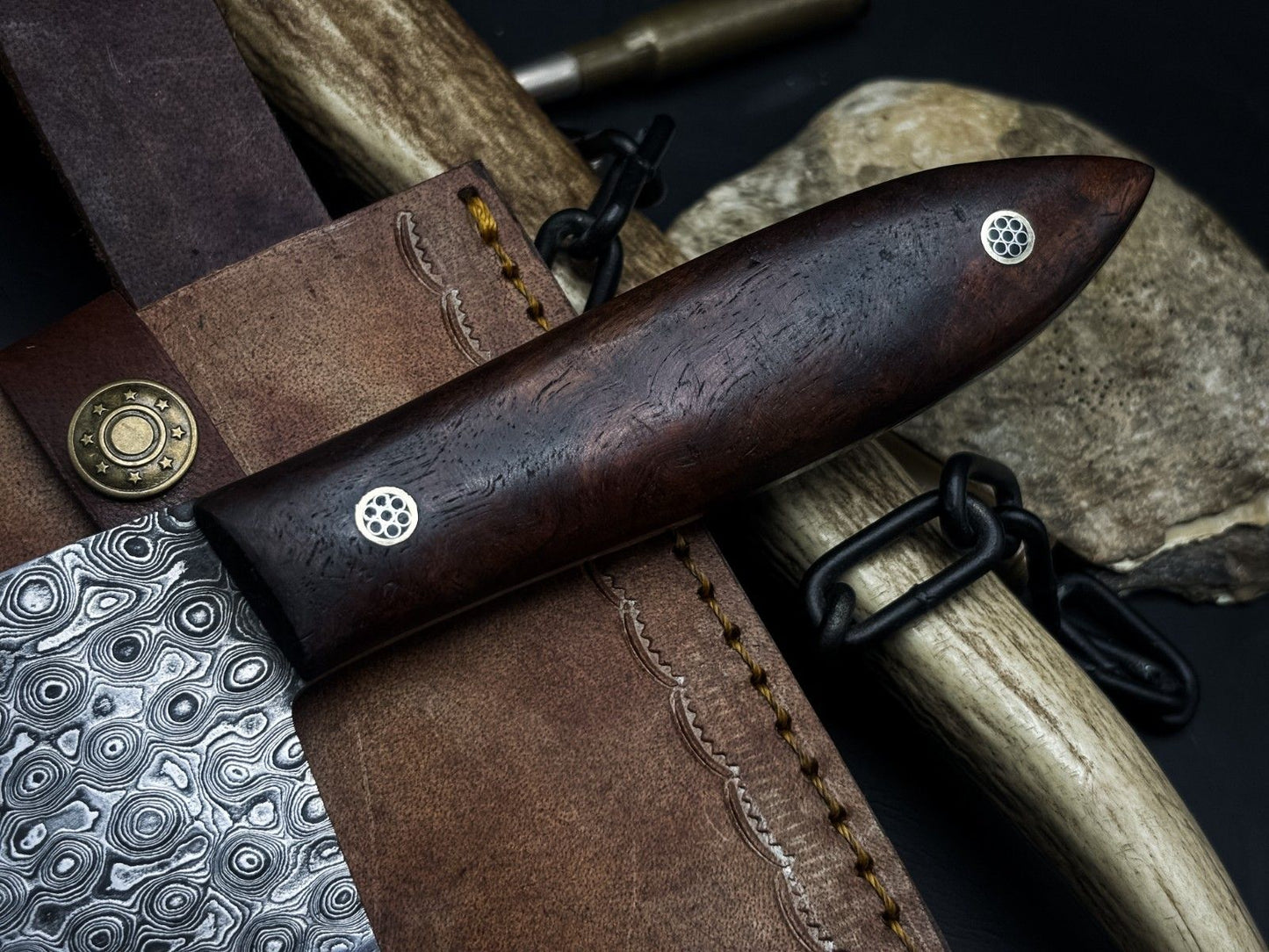 Handmade Damascus Chef Cleaver – Wood Handle & Leather Sheath