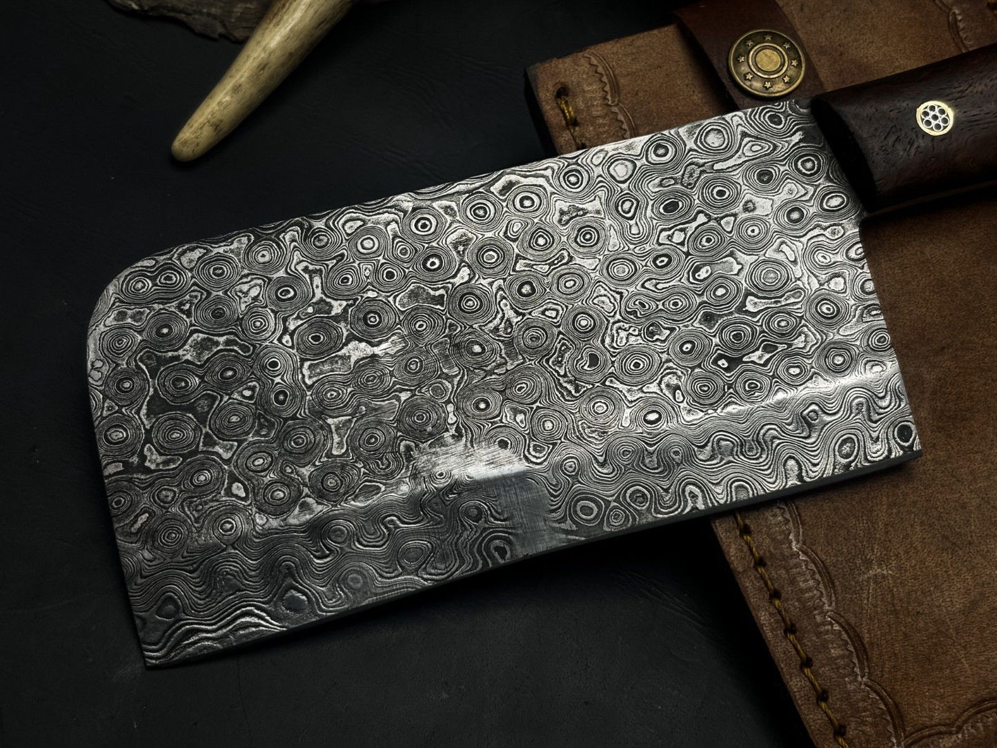 Handmade Damascus Chef Cleaver – Wood Handle & Leather Sheath