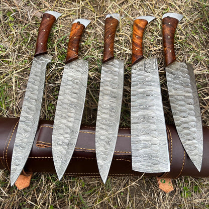 Custom Handmade Forged Damascus Steel Chef Knife Set of 5 with Leather Sheath