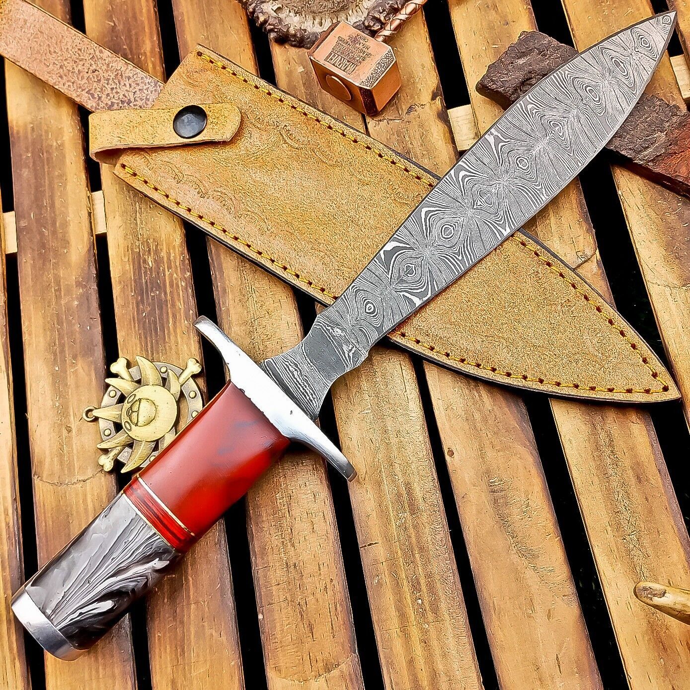 12" Custom Handmade Damascus Dagger Hunting Knife with Camel Bone Handle