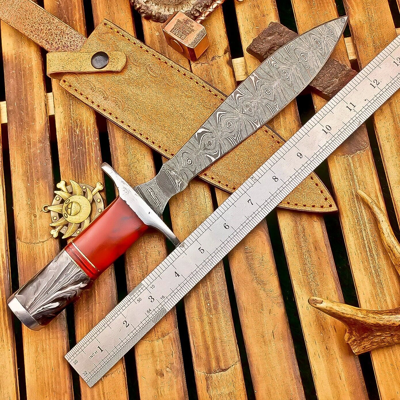 12" Custom Handmade Damascus Dagger Hunting Knife with Camel Bone Handle