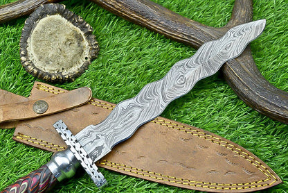 Hand Forged Damascus Steel Kris Dagger with Hardwood Handle