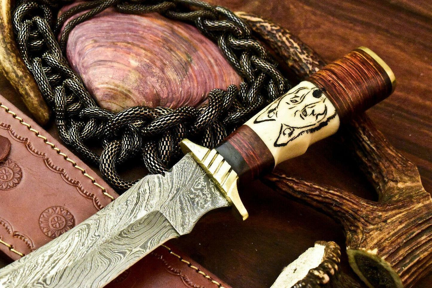 Rare Handmade Damascus Steel Bowie Knife | Camel Bone Handle & Laser Etched Blade