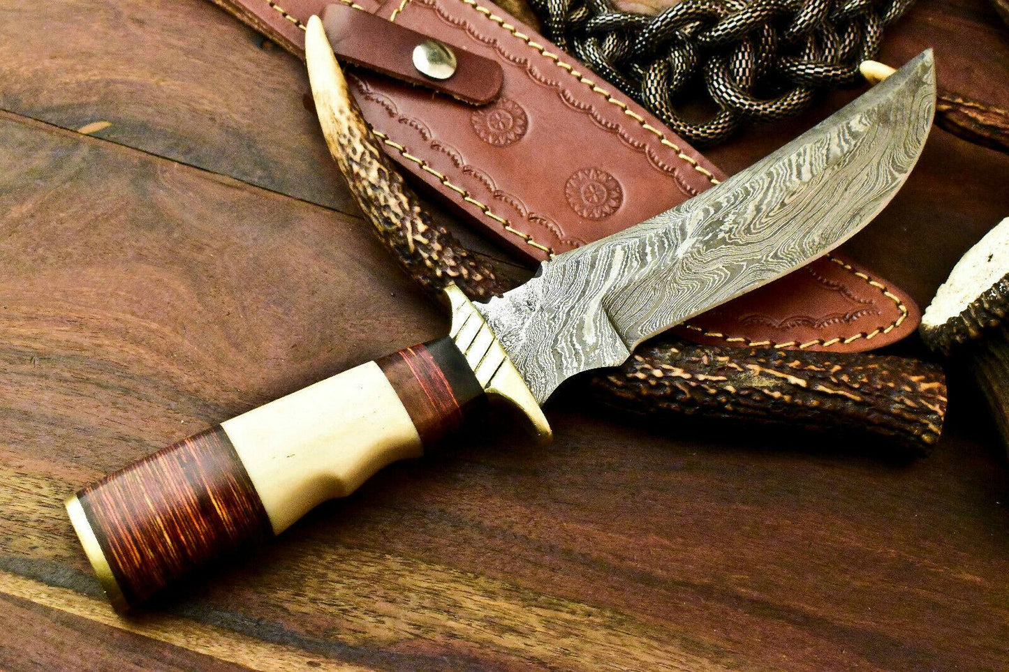 Rare Handmade Damascus Steel Bowie Knife | Camel Bone Handle & Laser Etched Blade