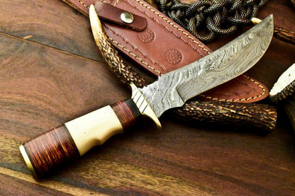 Rare Handmade Damascus Steel Bowie Knife | Camel Bone Handle & Laser Etched Blade