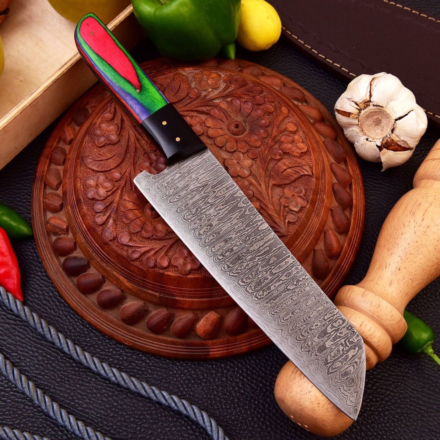 CUSTOM HANDMADE FORGED 1095 DAMASCUS STEEL KITCHEN CHEF KNIFE WOOD HANDLE