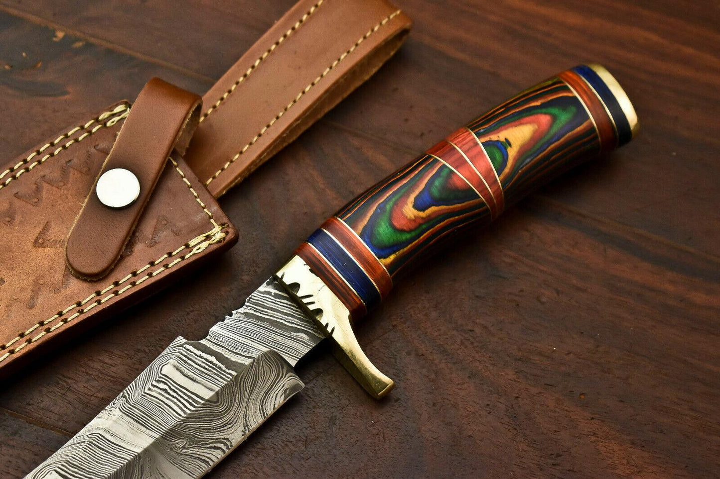 13.5” Handmade Damascus Bowie Knife | Hardwood Handle & Leather Sheath