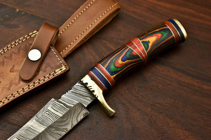 13.5” Handmade Damascus Bowie Knife | Hardwood Handle & Leather Sheath