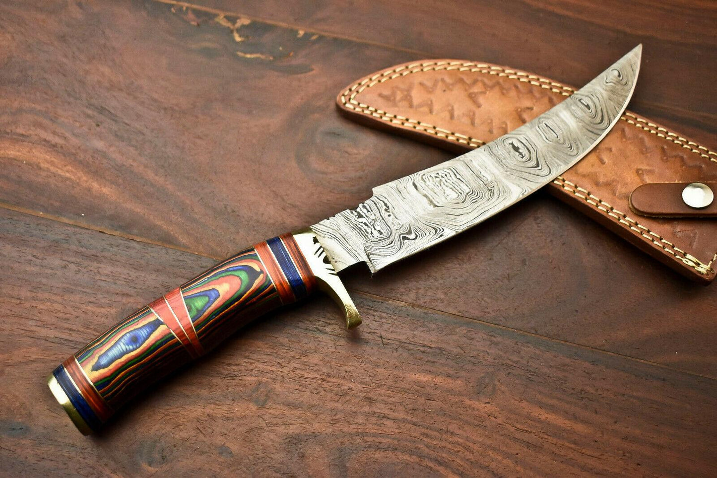 13.5” Handmade Damascus Bowie Knife | Hardwood Handle & Leather Sheath