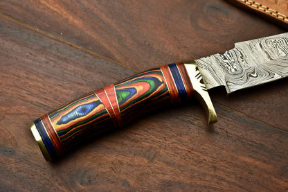 13.5” Handmade Damascus Bowie Knife | Hardwood Handle & Leather Sheath